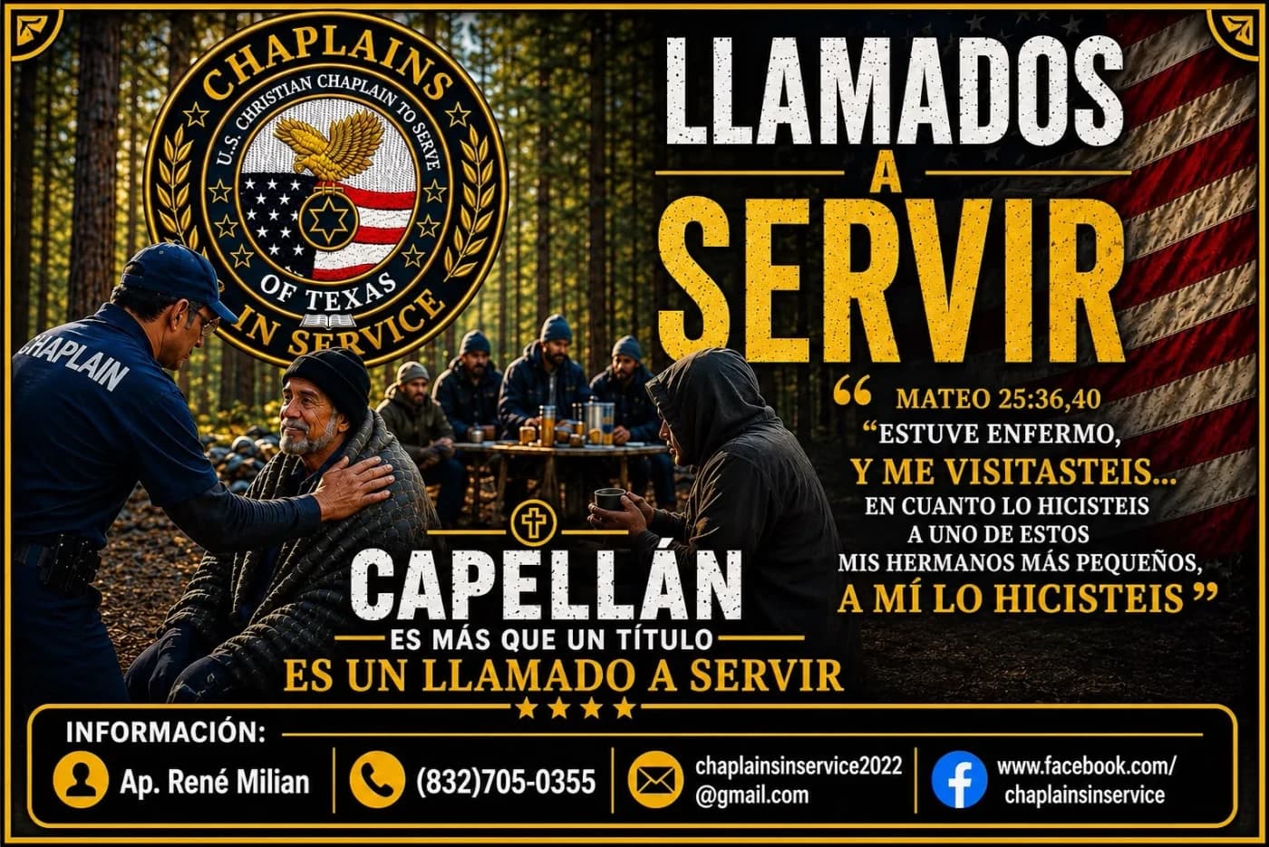 Tarjeta de presentación «Llamados a servir»: Ap. René Milian, teléfono, correo y Facebook de Chaplains In Service